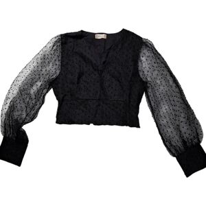 Altar’d State Cropped Black Top Textured Sheer Sleeve Size Large